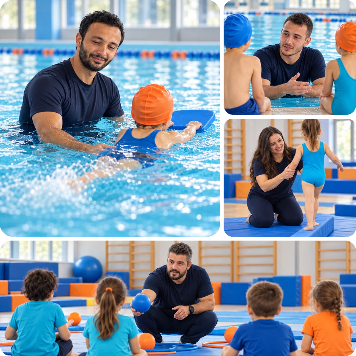Havuzda ve spor salonunda antrenörlerle ders yapan çocuklar