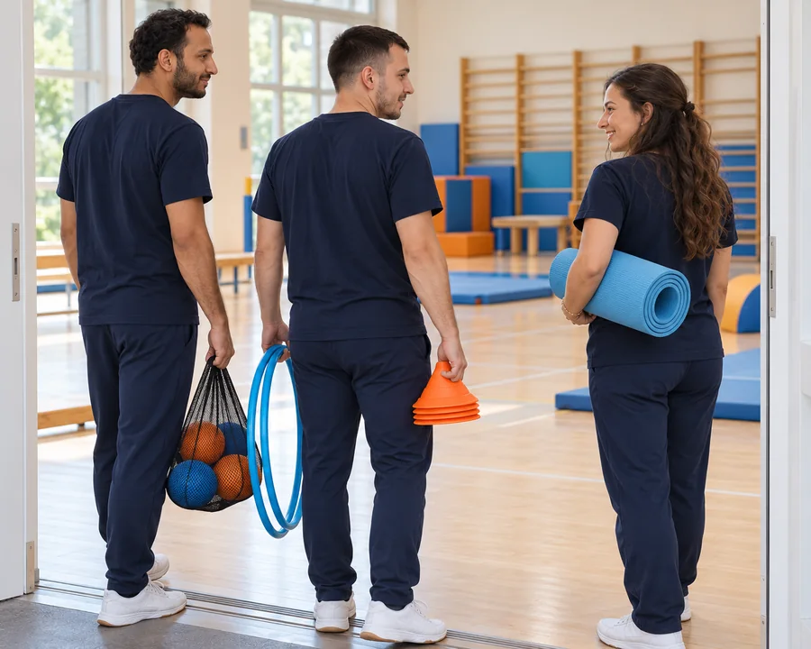 Spor malzemeleriyle salona giren antrenörler