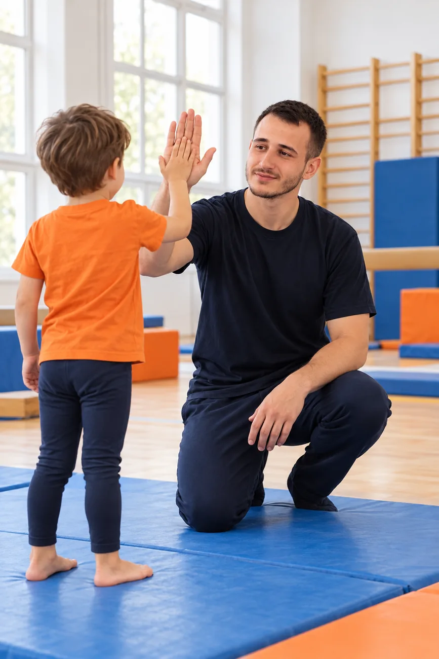 Spor salonunda antrenörüyle çak yapan çocuk