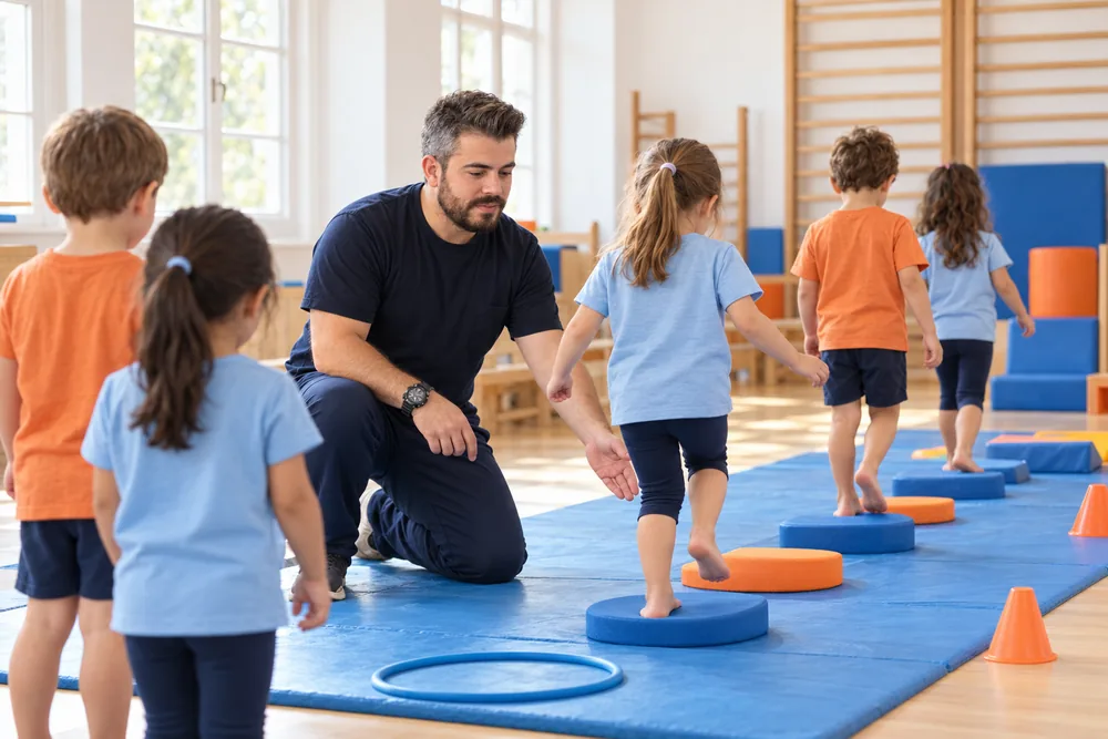 Spor salonunda antrenörüyle çember oyunu oynayan çocuklar