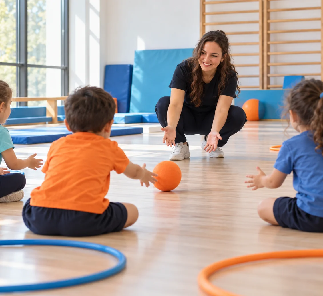 Spor salonunda antrenörüyle top oyunu oynayan çocuklar