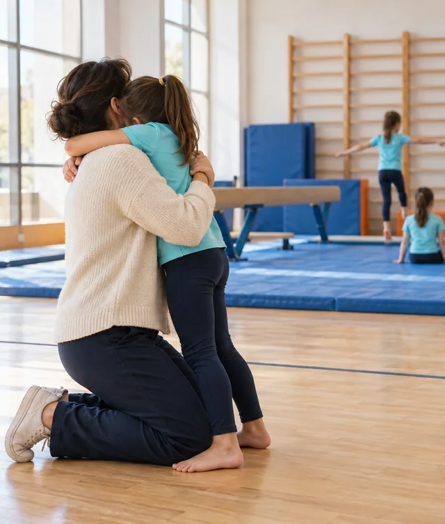 Spor salonunda bir yetişkine sarılan çocuk