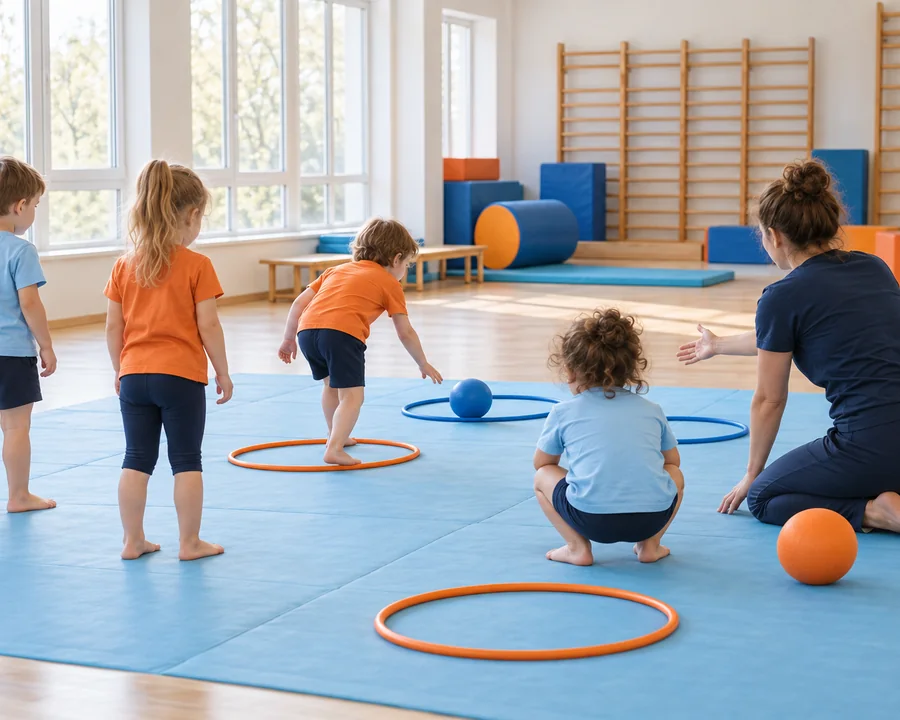 Spor salonunda çember ve toplarla oynayan çocuklar