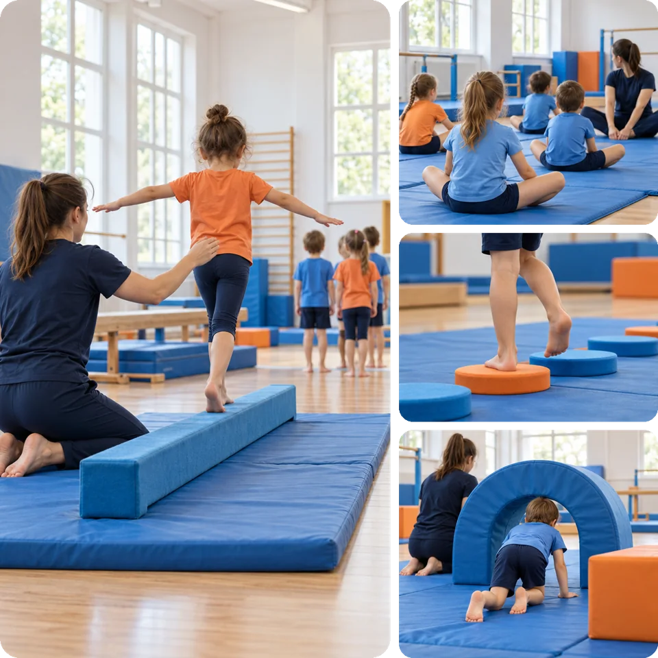 Spor salonunda denge ve tırmanma çalışan çocuklar ve eğitmenleri