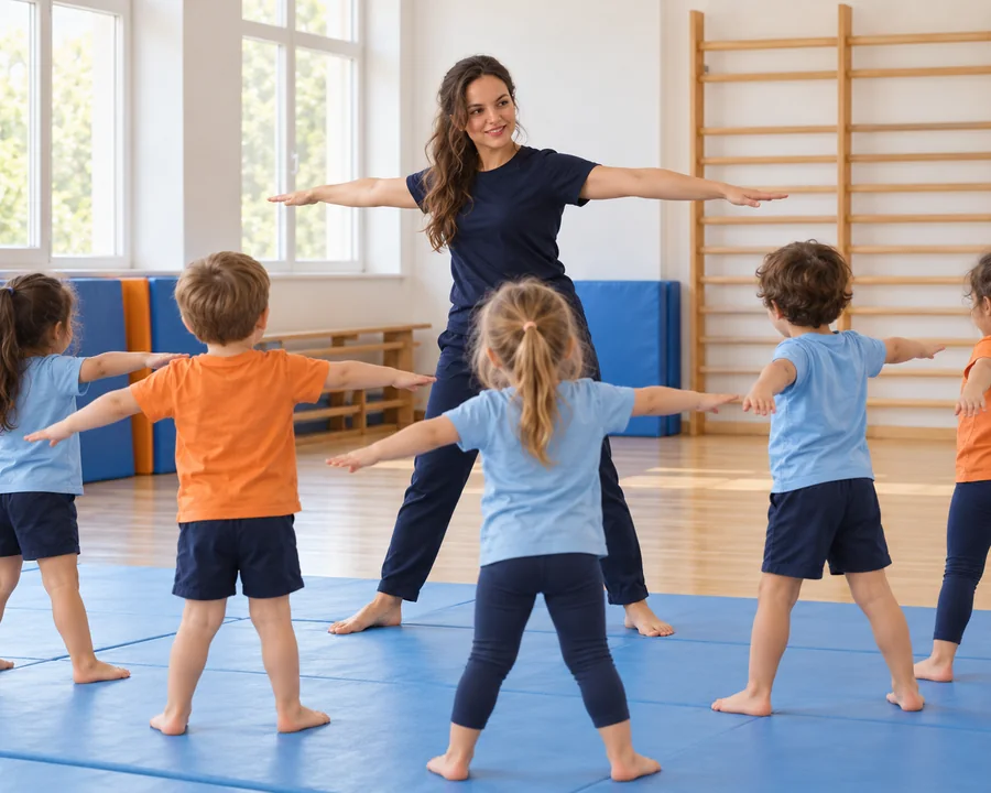Spor salonunda ısınma hareketleri yapan çocuklar