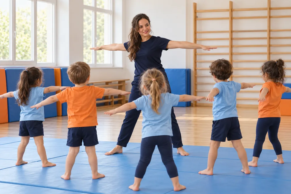 Spor salonunda ısınma hareketleri yapan çocuklar