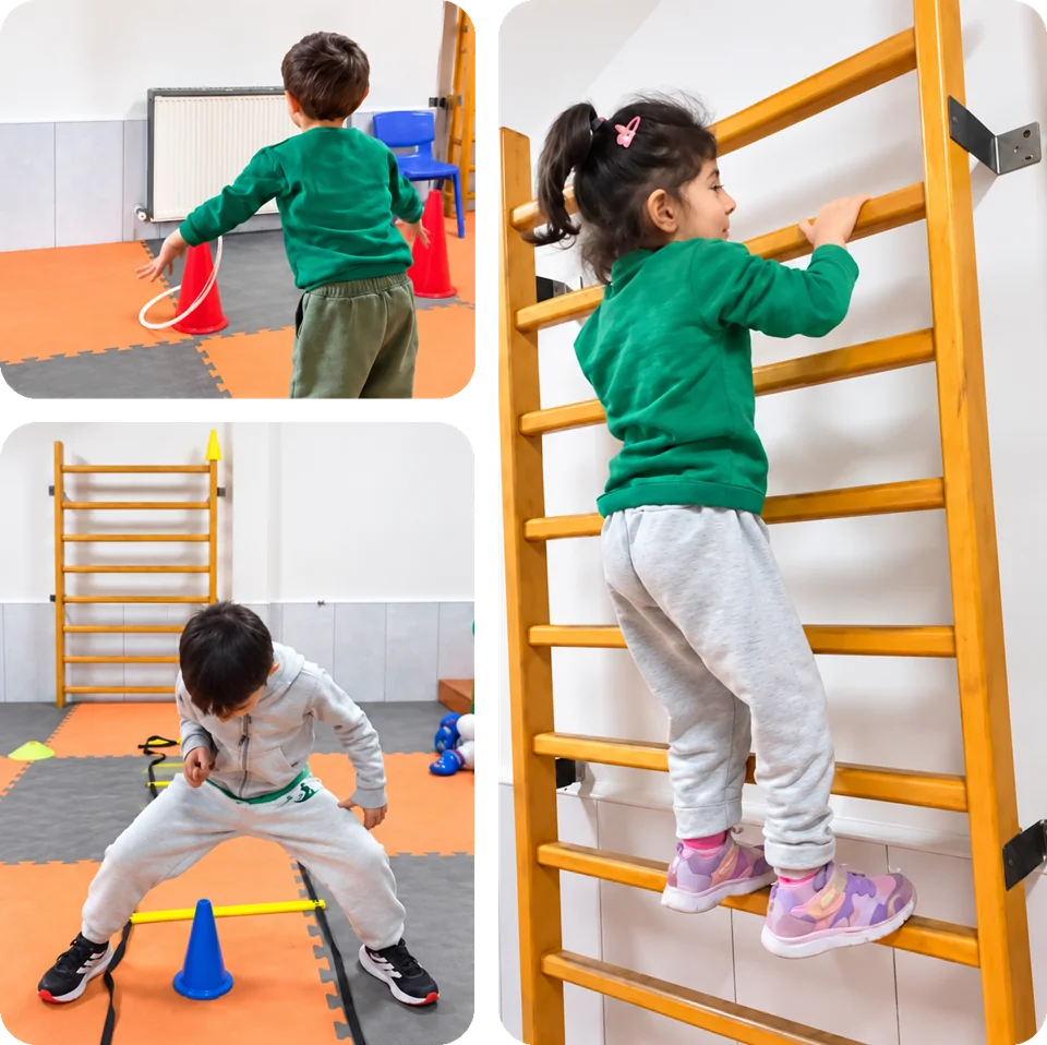 Spor salonunda tırmanma ve denge çalışan çocuklar